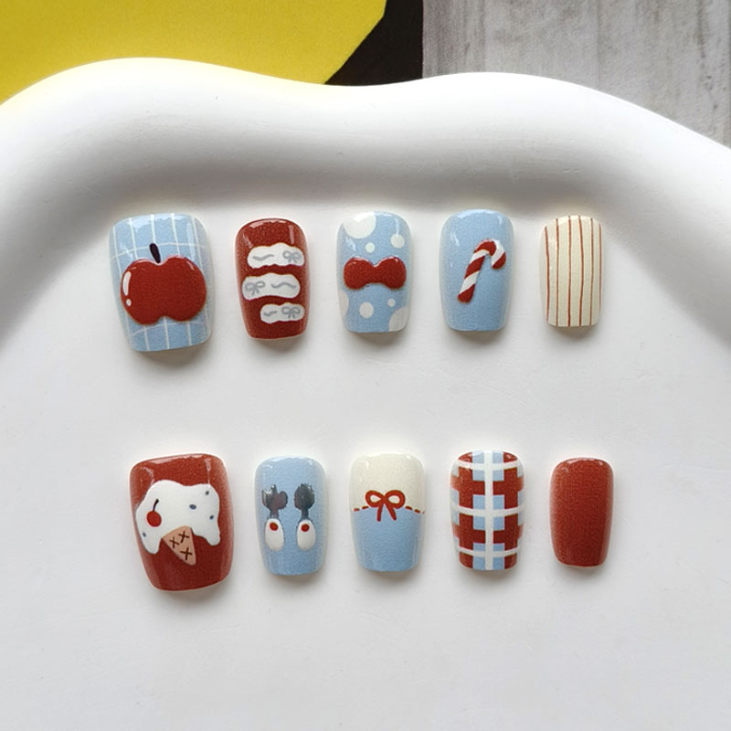 Nail Art Press On - 10Pcs 3D Apple Short Style Press